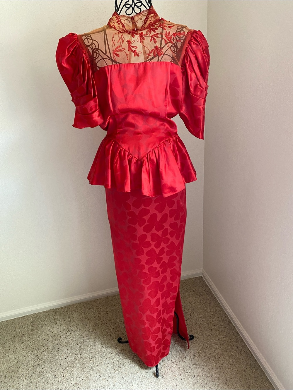Vintage 1980s Red Satin Peplum Maxi Dress